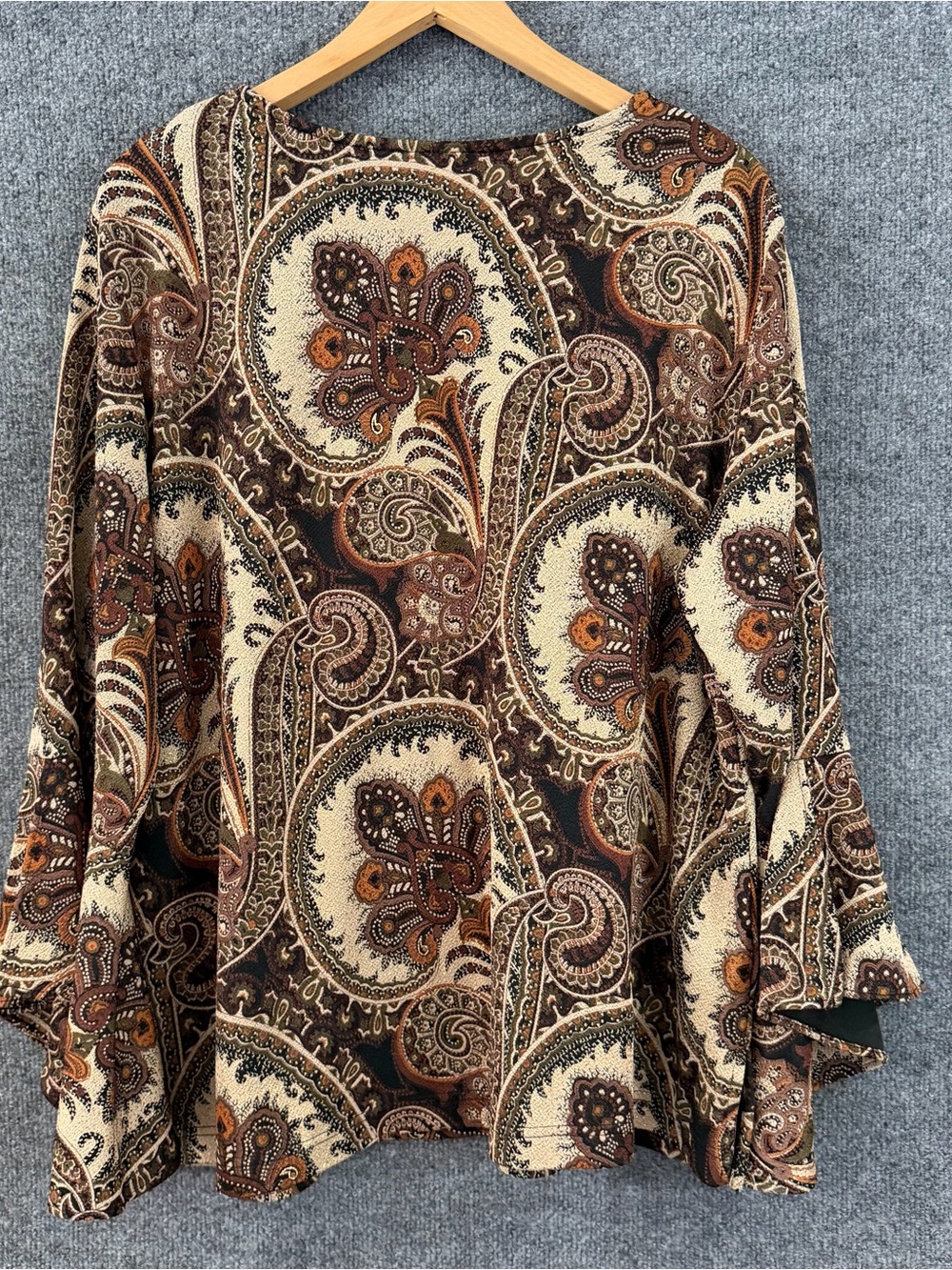 DressBarn Womens 2X Boho Paisley Top Brown Tan Bell Sleeve Office Peasant Fall - Picture 2 of 8